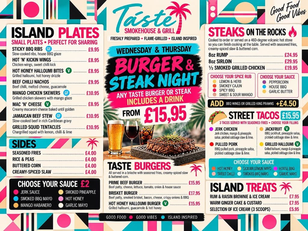 Taste Smokehouse & Grill main menu with island plates, sides, sauces, Wednesday and Thursday burger and steak night from £15.95 with a drink, taste burgers, steaks on the rocks, street tacos and island treats